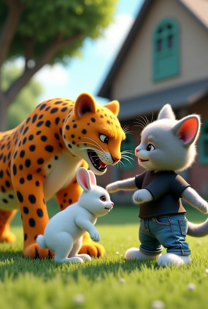 A 3D render a orange leopard attack on white rabit in the farm, has grass, trees, and a building in the background of farm. The leopard is on a grassy field, near a tree, and a building In the background,
a cat white grey kitten with a black t-shirt and jeans white shoes, with human-like arms and legs, is helping the rabbit and fight with the leopard. The overall image has an illustration auttrophy style.