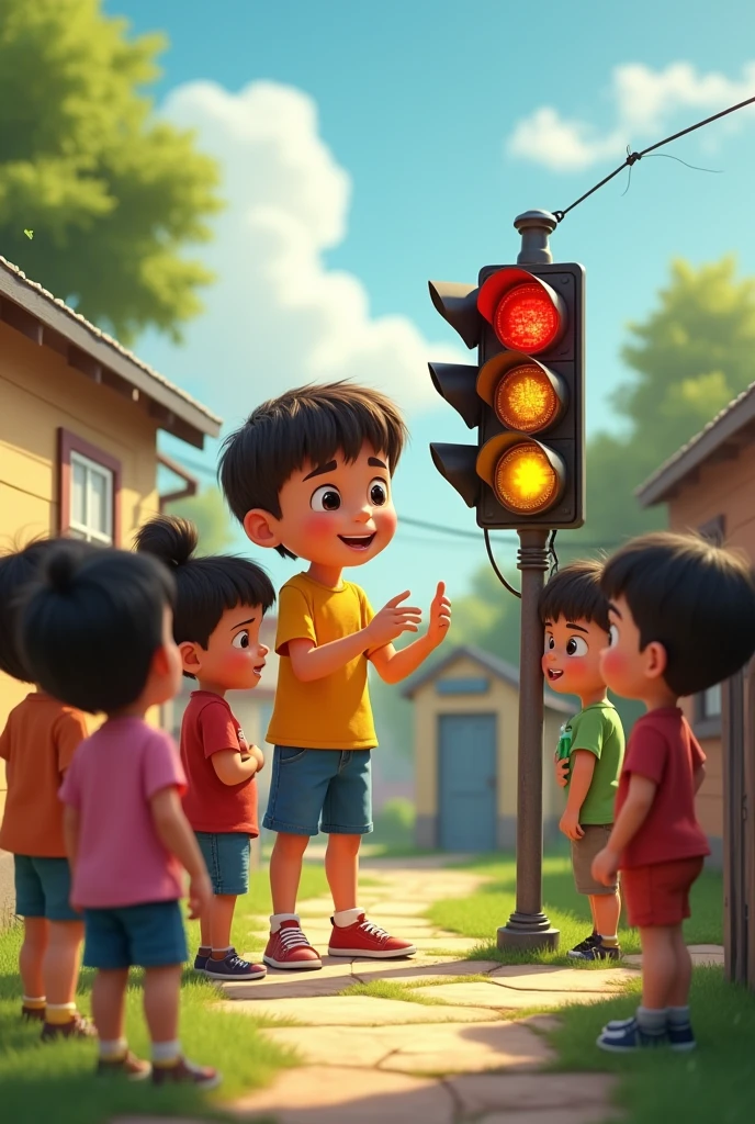 Draw Carlitos, an 8-year-old boy with straight brown hair, who built a small traffic light and installed it in the yard of his house. , invited the neighborhood children to learn about traffic signs and how to cross the street safely