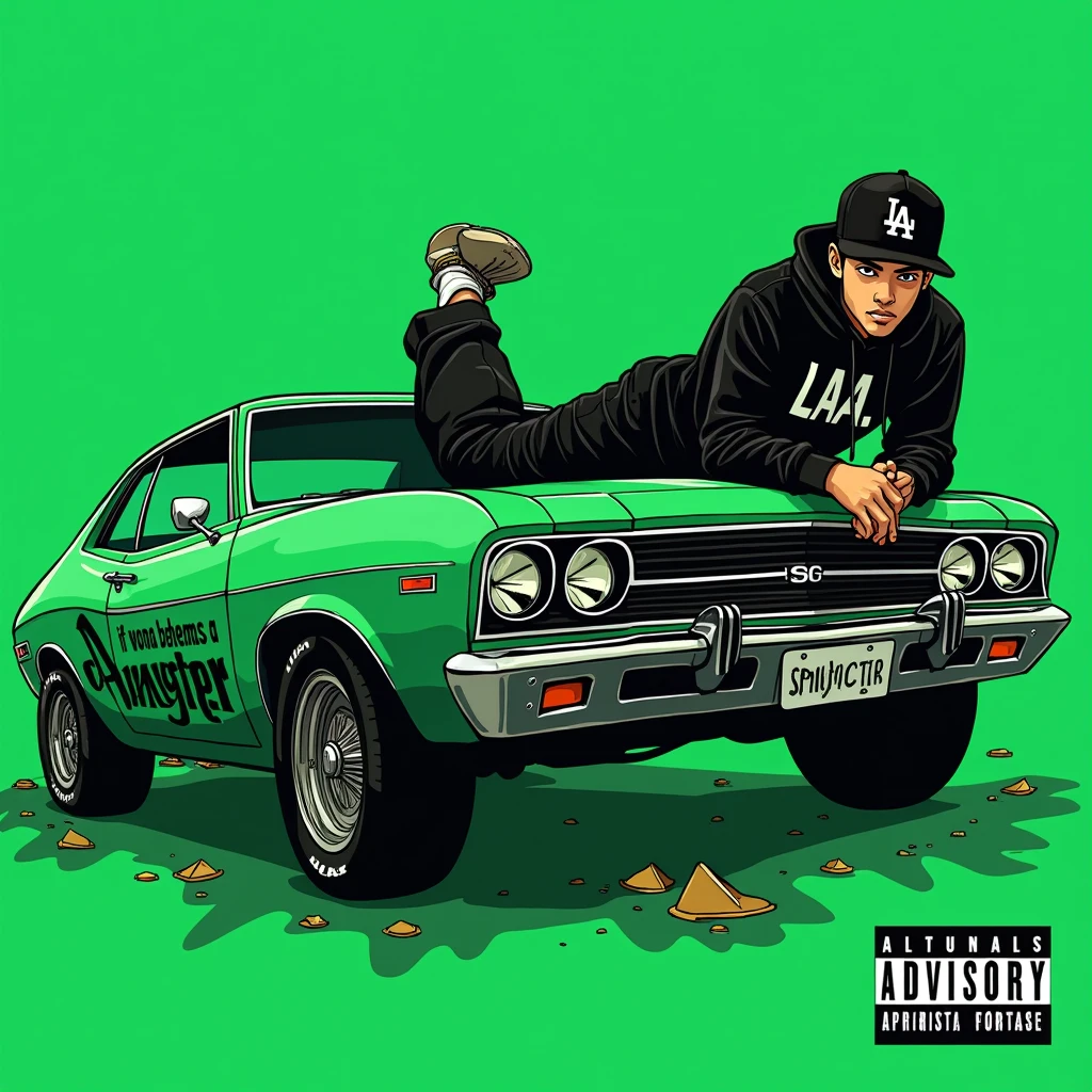 G-FUNK Hip Hop album cover, green background, green car, with the words If WONA behemes a gangster on the back of the picture, an Asian teenager wearing a black LA hoodie, a black LA ball cap with a deep press and a wide pair of jeans down, a troublemaker boy sits on the bonnet of a car and lets the car out to the side
