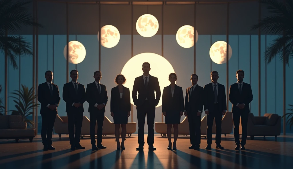 A photo of a successful project or business, with the Moon’s phases visible in the background. The scene conveys achievement and the positive impact of lunar alignment on success. --ar 16:9