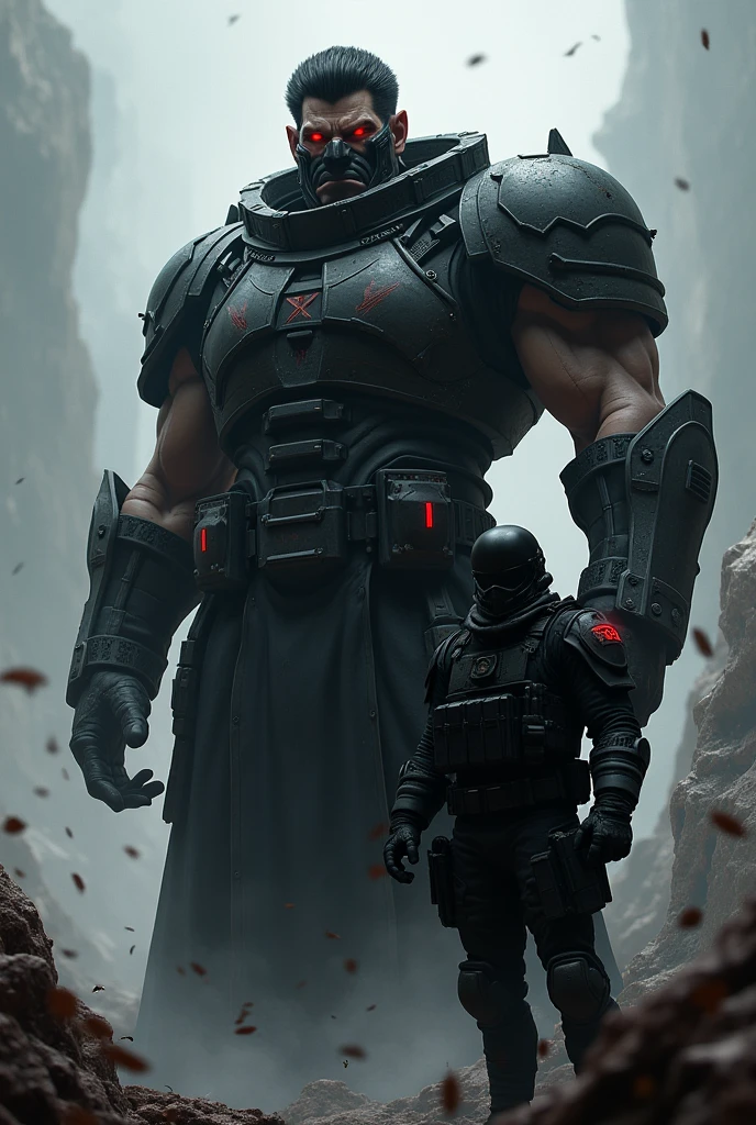 Tall Man, with short black hair red eyes wearing scary military gear din helmet 2'45 meters tall human next to a soldier in black military gear next to him imposing being