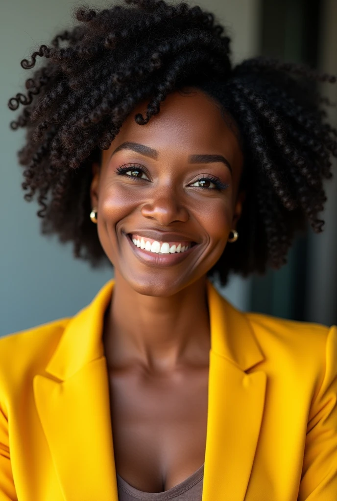 Realistic photo of a successful black woman with wavy hair wearing a yellow blazer, and is very confident and happy, with a successful woman pose, ONLY THE FACE
