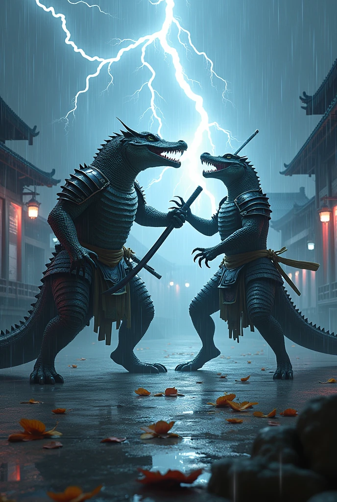 Bipedal samurai crocodile pitted against a shadow ninja alligator shooting lightning bolts