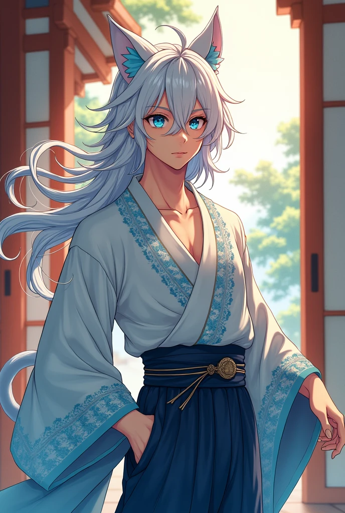 neko men big butt anime blue eyes white hair cute men kimono