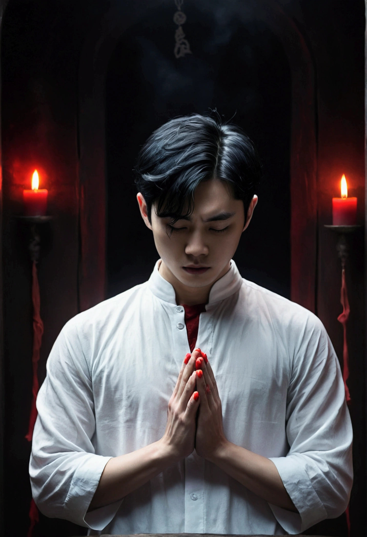 Book cover, dark ambient and scary aura, young Asian guy with pale skin, black hair,, in praying position with red hands clutching his neck
