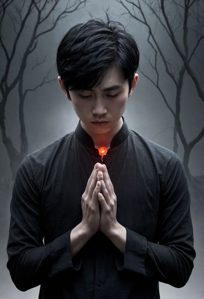 Book cover, dark ambient and scary aura, young Asian guy with pale skin, black hair,, in praying position with red hands clutching his neck