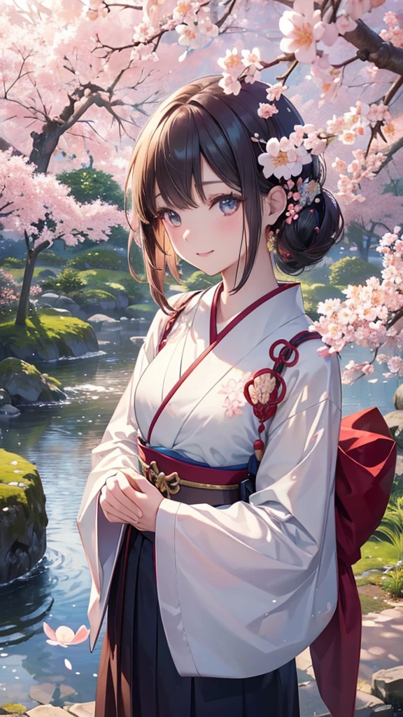 ((Highest quality)), ((masterpiece)), ((Realistic)), Standing in a tranquil Japanese garden with cherry blossoms at eye level、A girl with perfect beauty, Scenic, masterpiece, (High resolution), original, extremely detailed 8K , (photoRealistic:1.4),Perfect Face, Perfect Eyes,Symmetrical body type,smile, 