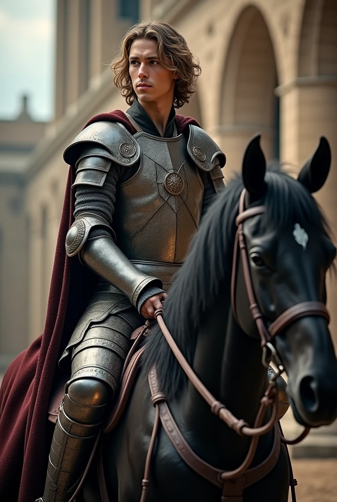 young warrior, handsome, muscular, with wavy hair, from the middle ages, in armor on a black horse