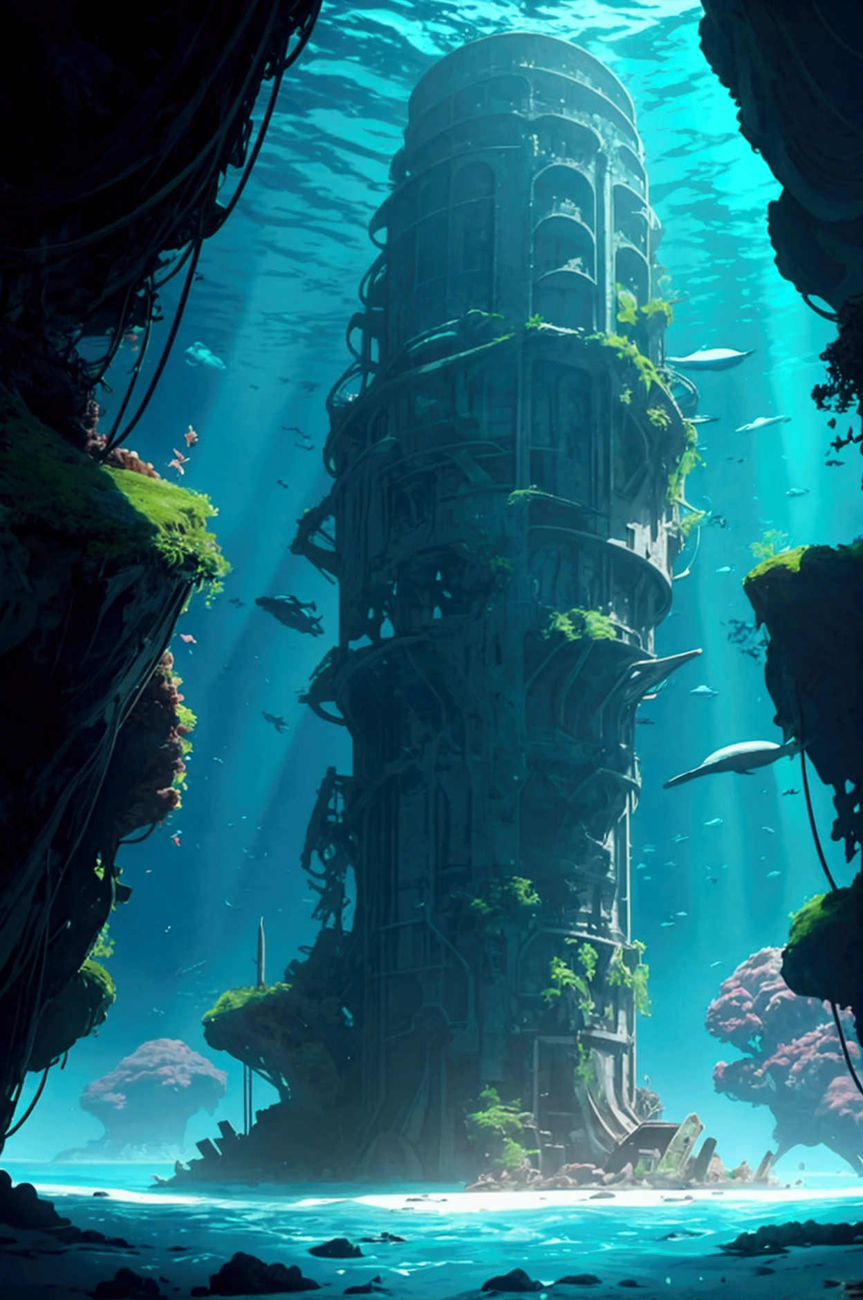 Under the surface of an isolated island in the middle of the ocean, a huge undiscovered underwater ruin is discovered, prehistoric alien underwater base, science fantasy, best picture quality.