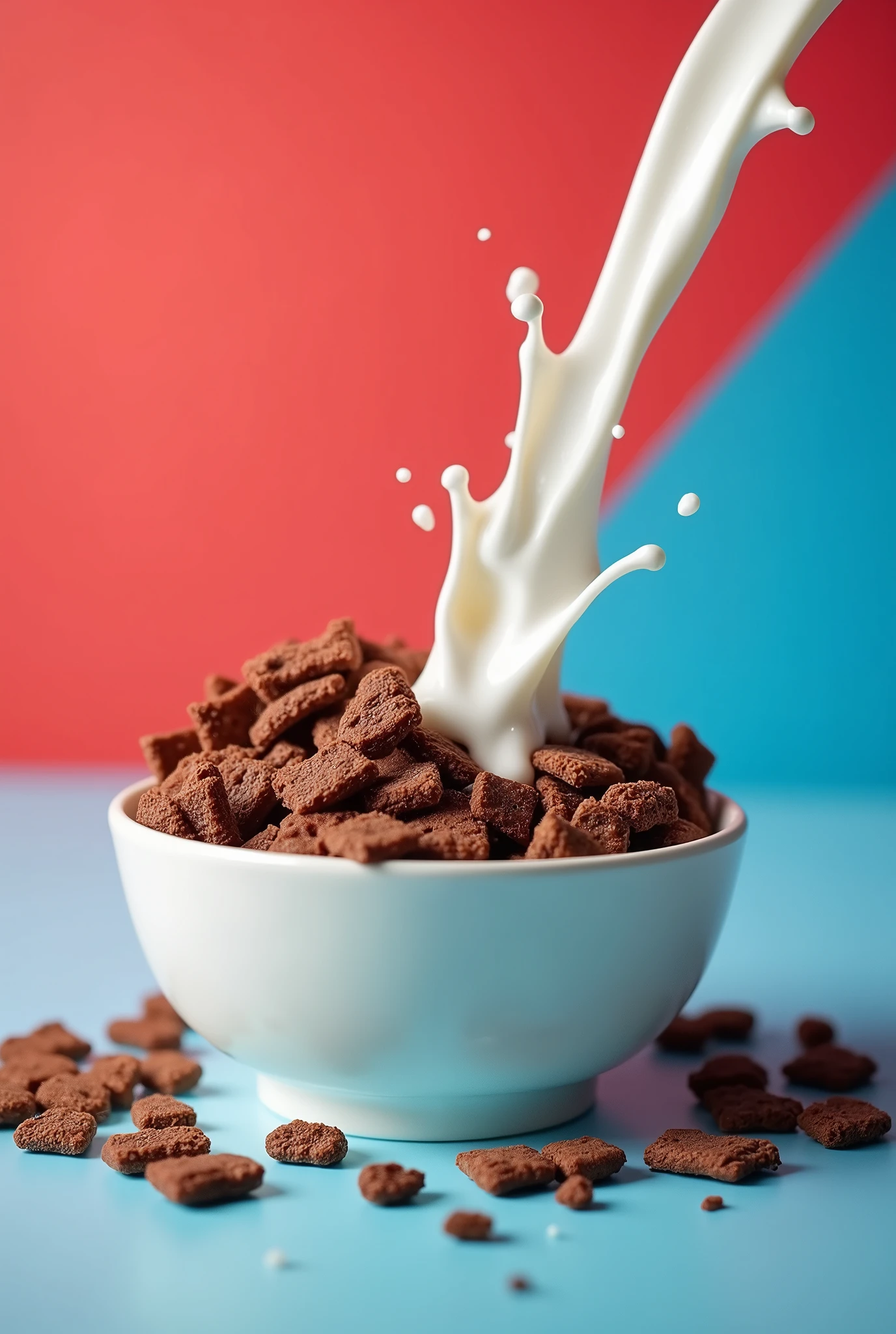 It shows a cereal with crunchy chocolate flakes and milk falling into a bowl on a red and blue background:0.8