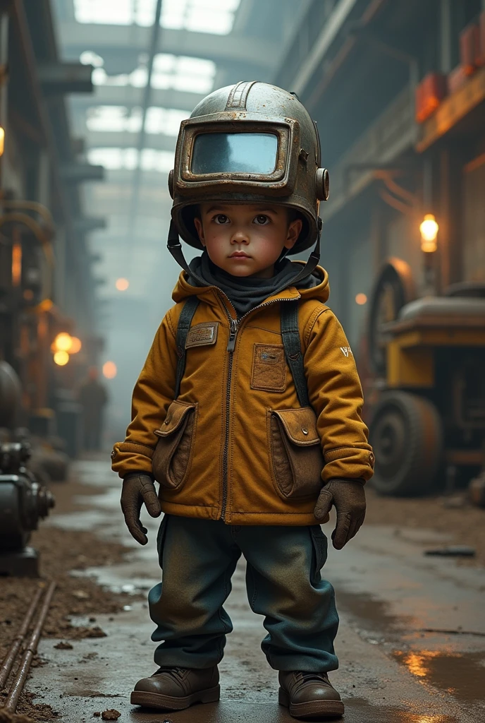 A 7-year-old boy wearing welding safety gear in the industry