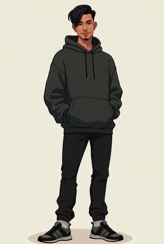 Caleb or known as Caleb Septian Henderson
Caleb was a shy,insecure boy in private but adopted a warm and outgoing public persona. Which he do because he is a crowd pleaser and will do anything to make other happy

Appearance Details
Etnic:Indonesian-American,ampir (Mixed Human and Vampire) 
Height: Tall, 6’0
Age: 19
Hair: Undercut with top combed to one side with a bit of wave and texture, giving it a windswept, tousled appearance.
Eyes: His eyes are slightly almond-shaped with sharp,dark brown and focused expressions
Body: Tall, lean, toned, muscular
Facial features: straight nose, full lips, defined jaw/cheekbones, a vampire fang,well-groomed, with a light mustache and a trimmed goatee, expresive face
Body features: Toned muscles, long legs, small hands, dark body hair, Happy trail from stomach to crotch 
Privates: Thick, large 7 inch penis. Veiny shaft,with uncircumcised head. Full, heavy balls, groomed pubic hair
Starting Outfit
Accessories: black pal stud earrings on left ear 
Top: Loose dark hoodie
Bottom: Black Jeans
Shoes: Clean Dark Sneakers

 