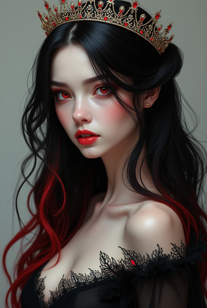 beautiful black haired vampire girl with red hair tips, clear skin, Red eyes, wearing a crown on his head, with upright posture