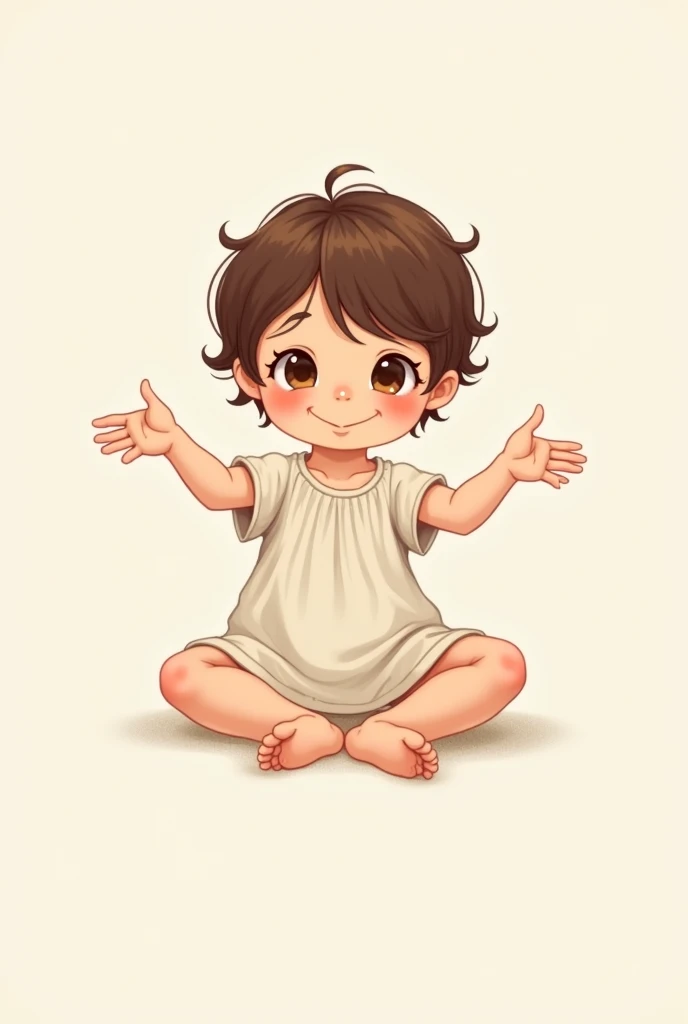 Create baby with dress sitting with legs forward barefoot arms forward short hair on the side with naughty bangs brown eyes vector