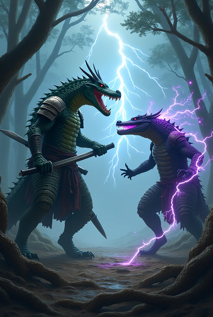 Create multiple adult-sized black reptilian humanoids, alligator-like, with pulsating yellow eyes and all holding electric yellow spears. Behind them is the constellation of the Pleiades and Orion., in a war zone.
