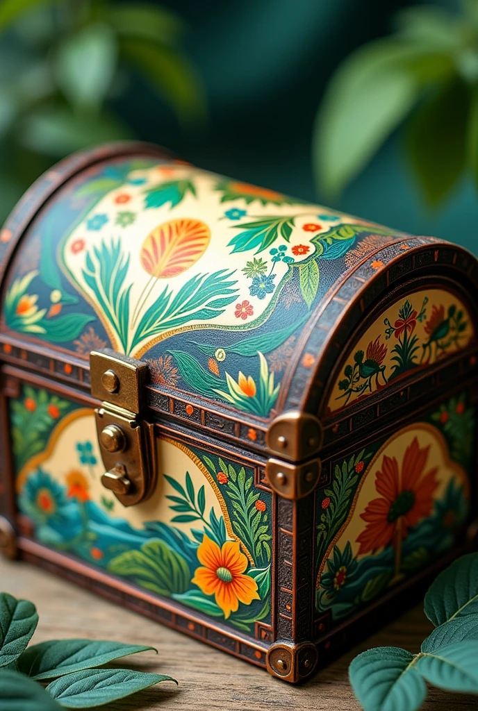Chest-shaped box with ecological-related designs