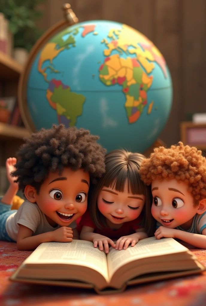 Pixar-style agers lying down and reading a book and the globe behind them