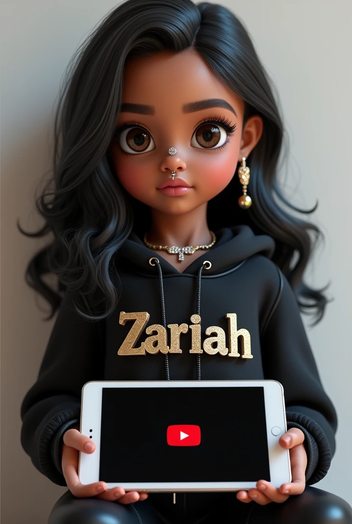A beautiful Caramel 5 year old girl with brown eyes, long eyelashes, black long hair with edges, dimples perfect and juicy lips, a nose ring, a necklace on thicker chains, earrings, diamond rings, wearing a black noan  hoodie  noan outfit that says Zariah holding a YouTube screen on a board &wearing a filter on her face sitting and her shirt says Zariah Elegant 3D Typography with the name Zariah , featuring a baddie  fine diamonds, and angel wings, with different hair styles