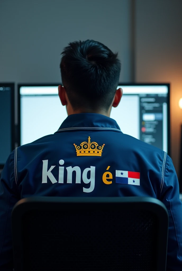 Man sitting with his back in front of a monitor wearing a jacket with the name on the back "King E 👑🇵🇦"