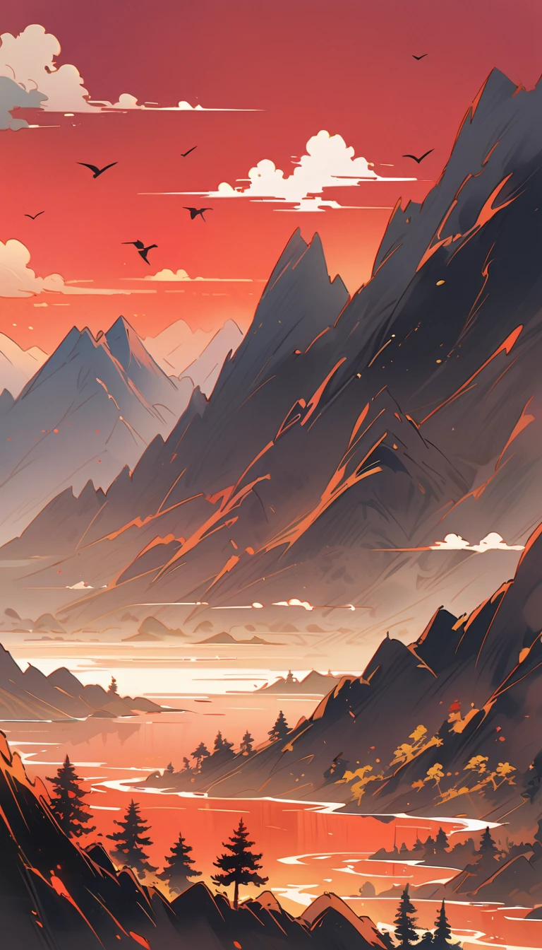 pine, Thousand Miles of Rivers and Mountains, Muscular man climbing a mountain, Flying cranes, Lacquer、Comfort、Mountains, Gold Leaf, The minimalist composition of Chinese landscape painting、red sky solid color, illustration