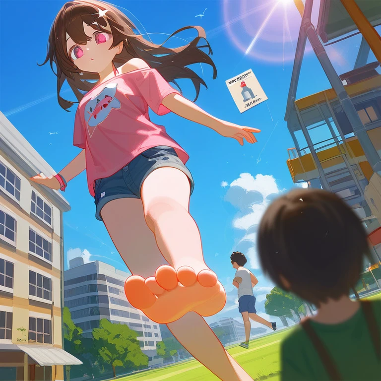 Fraction_9,Fraction_8_Direction_7_up,1 Girl,Female Giant,Standing on the ground,There are many miniature buildings around,Low Angle,Denim shorts,There are bangs between the eyes,Pink off-shoulder T-shirt,Long hair,Brown hair,Anatomically correct, Five-pointed star on hair,Perfect feet,Pink Eyes,Soles出汗,Lift one foot,Stamp your feet,Soles,(The foot has five toes),One-leg stand,Wide-angle lens, There are many little people running on the ground,The front of the little man,