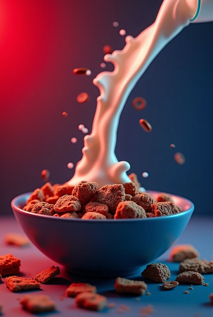 It shows a cereal with crunchy chocolate flakes and milk falling into a bowl on a red and dark blue background:0.8