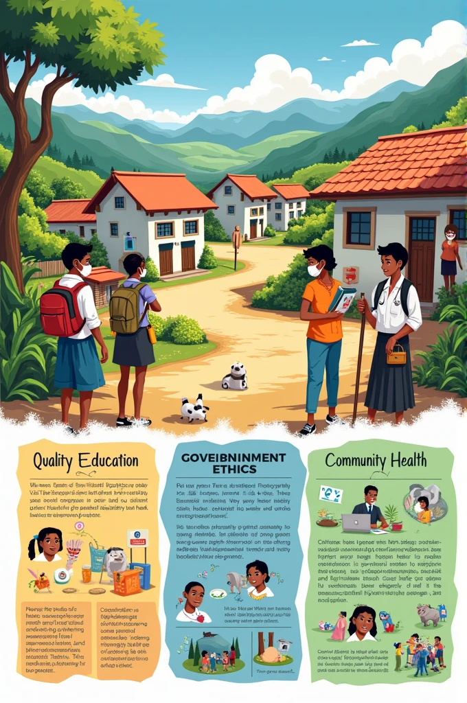 Create a poster about the PEKA Village Development Program Improving Village Quality of Life Through Three Main Pillars:
Quality Education Benefits: Economic Opportunities, Health and Wellbeing, Active Participation Strategy: Infrastructure Improvement, Teacher Training, Literacy Program, Government Ethics Partnership Goals: Integrity, Transparency, Accountability, Strategic Justice: Village Apparatus Training, Complaint System, Transparency Anggaran, Optimal Health Citizens Forum Benefits: Access to Medical Care, Disease Prevention, Participation in Health Promotion Strategies: Improvement of Health Facilities, Public Health Program, Vaccination, Partnership with Medical Personnel Conclusion: The PEKA Village Development Program aims to empower village communities with a focus on education., ethics of government, and health, so that the village can develop sustainably and prosperously.