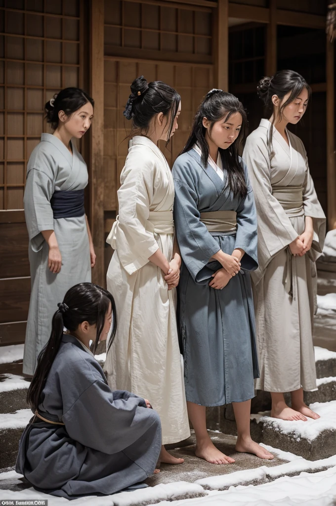 Female prisoners in the Edo period Dirty face 汚いbarefoot Hands behind back Tie up trial Tie your waist soaked A dirty, torn, tattered light gray kimono barefoot long messy hair Sweaty Japanese Midwinter Snowstorm Sitting upright in the courtyard Chains around the neck and ankles