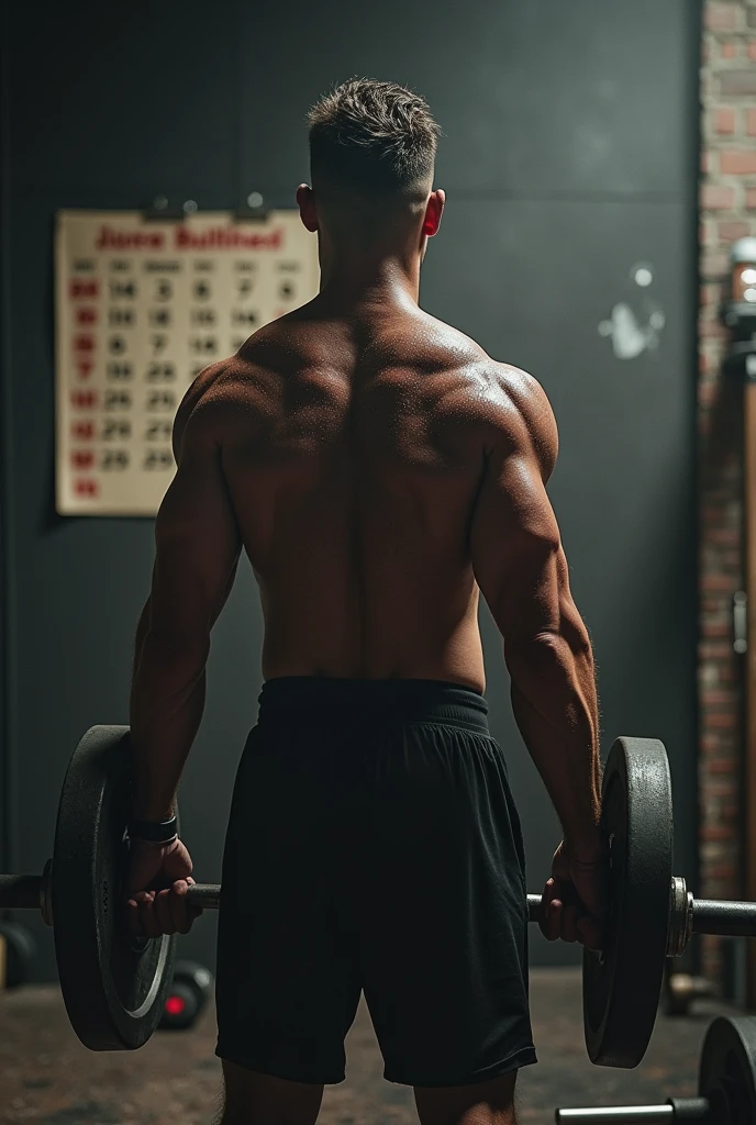 A powerful, intense scene representing the essence of daily discipline. A figure, drenched in sweat, is training relentlessly at dawn, muscles tensed with determination. The environment is stark and gritty, with a heavy focus on raw effort and persistence. A calendar on the wall has each day aggressively marked off, signifying an unbreakable commitment to the grind. The surroundings are minimalist—only the essentials, like weights, a water bottle, and a journal with goals written in bold. The atmosphere exudes a no-excuses mentality, where every moment is seized and every challenge is faced head-on.