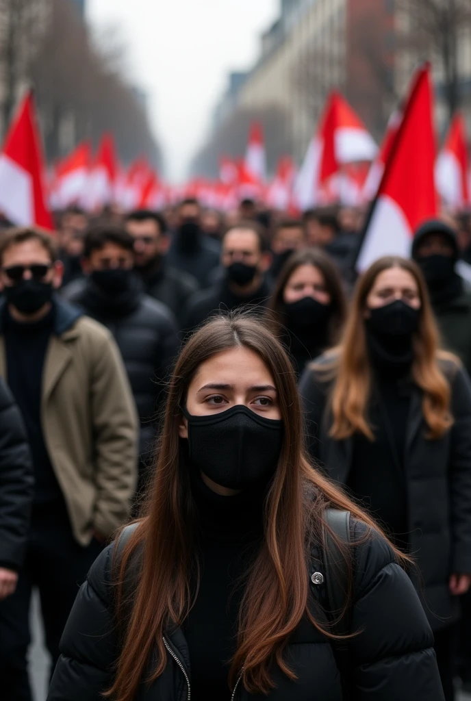 Photo of students and residents wearing black face coverings during a large demonstration"while carrying a red and white flag. And there is someone crying