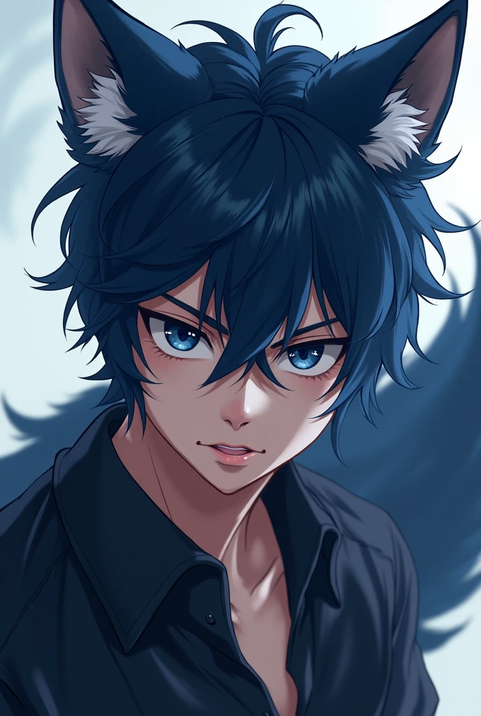 an 18 or 20 year old boy with dark blue hair and navy blue eyes, with a somewhat rude personality, with anime style wolf ears and tail