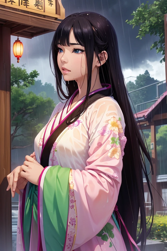 field、field、 (Highest quality,4K,8k,High resolution,masterpiece:1.2), Very detailed, (Realistic,Realistic,Photorealistic:1.37), High resolution, Hyper HD, Studio Lighting, Ultra-fine painting, Sharp focus, Physically Based Rendering, Very detailed説明, Professional, Vibrant colors, Bokeh, Sports Late, Ancient War Landscapes, Traditional Chinese Painting Techniques, Atmospheric lighting, Vivid color contrast, Visually stunning composition, Ethereal atmosphere,Very detailed目と顔, Beautiful attention to detail, Light on the face, (Hanfu: 1.1),My whole body is wet、My clothes are wet and transparent、Nipples are visible、nipples color pale pink、Dynamic pose、Rain clouds spreading across the sky、Heavy rain weather、Pouring rain、Wind and rain storm、((Soaked skin from head to toe))、((Rain-soaked clothes(Rain dripping from clothes))、((The lines of your body are clearly visible through your wet clothes..))、Green Eyes