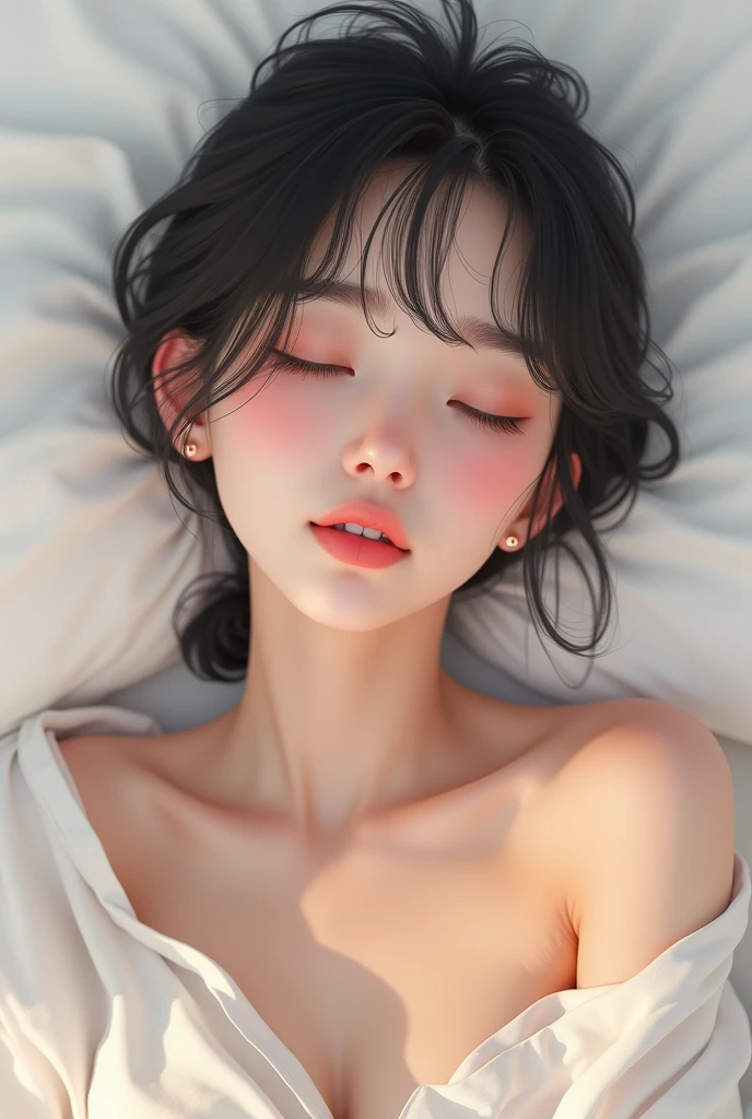 Young Japan(((Naked women)))、A beautiful girl who feels good from the invisible stimulation of her nipples and quietly shows an expression of embarrassment and ecstasy.、white background