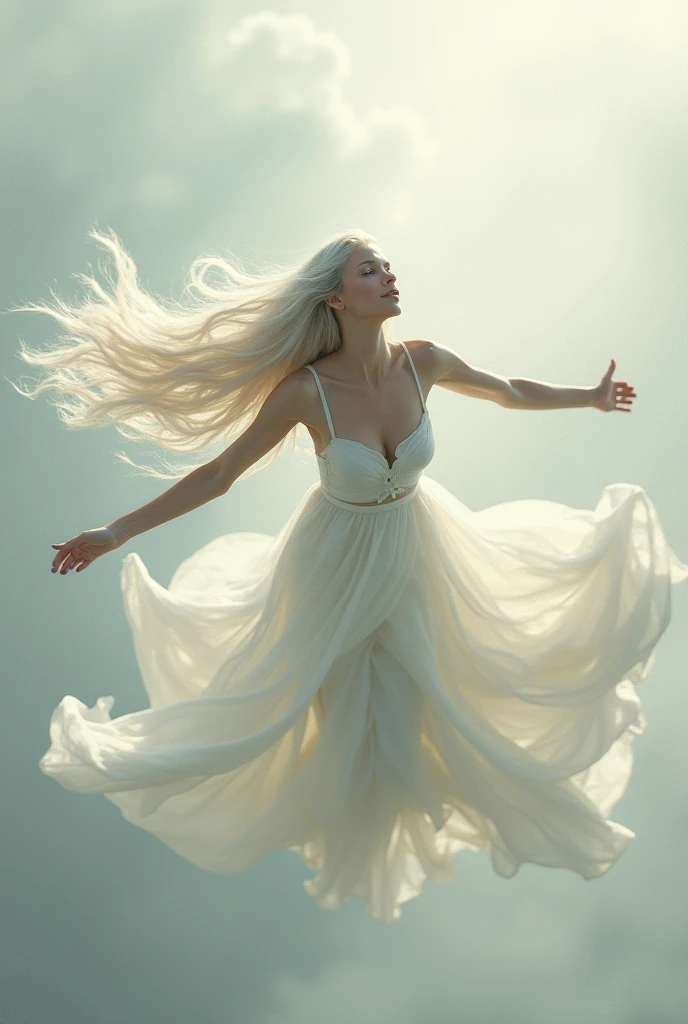 flying woman with long white hair wearing a white dress and curves
