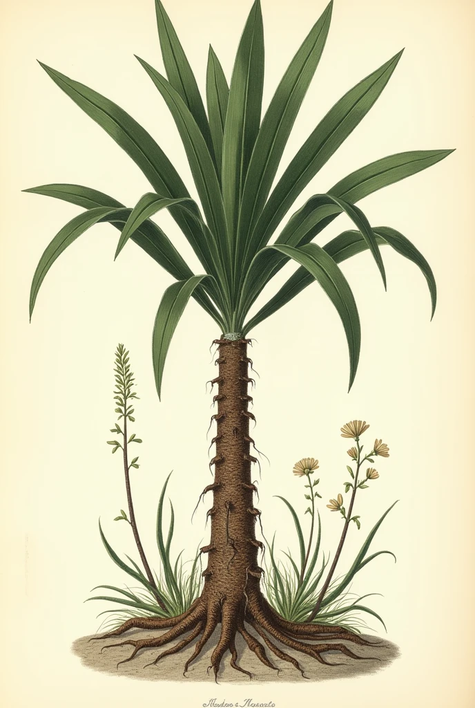 Create a detailed botanical illustration of a yucca plant similar to the sketch provided. The illustration should include the root system with tuberous roots that are elongated, cylindrical, with brown outer skin and white inner flesh. The leaves must be palmed, with 5 to 9 elongated and narrow dark green lobes. Add the erect stem, greenish or brownish, with clearly visible nodes and organized branches. Also include discreet inflorescences with small, yellow or cream-colored flowers.. The style must match the original, with fine lines and shading, ensuring that all elements maintain the same level of detail. The overall look should be vintage and monochromatic., focusing on the natural shape and structure of the cassava plant