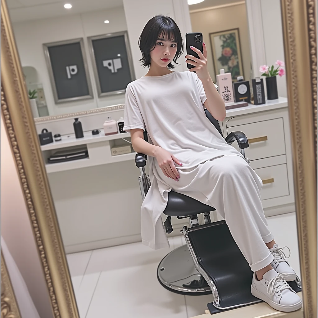 RAW photo, best quality, masterpiece, photorealistic, Polish girl, 20 years old, black hair, Light grey eyes, short bob cut, hair in 7 thirds, hair over one ear, Symmetrical eyes, Detailed Skin, Detailed face, Detailed hands, Big Breasts, rip gloss, She is getting her hair cut in a stylish beauty salon, taking a selfie in the mirror, full body