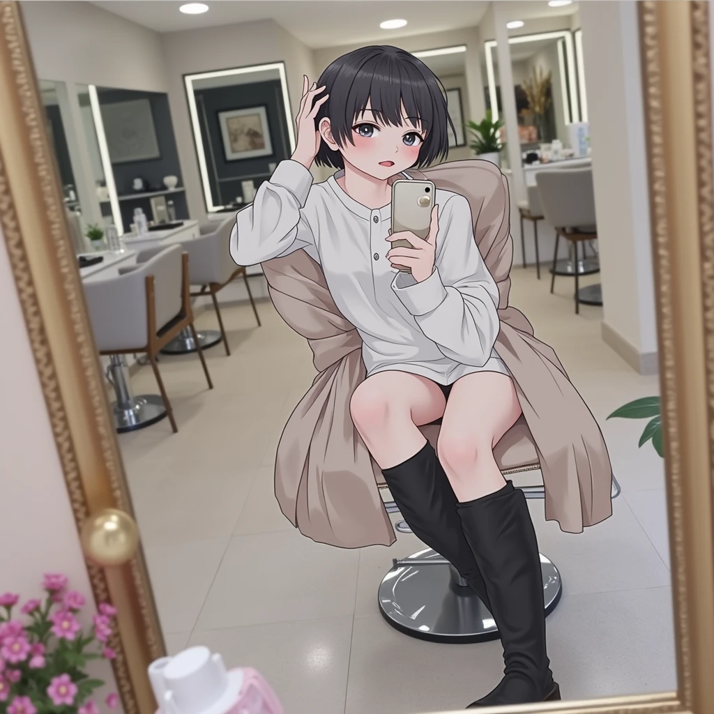 RAW photo, best quality, masterpiece, photorealistic, Polish girl, 20 years old, black hair, Light grey eyes, short bob cut, hair in 7 thirds, hair over one ear, Symmetrical eyes, Detailed Skin, Detailed face, Detailed hands, Big Breasts, rip gloss, She is getting her hair cut in a stylish beauty salon, taking a selfie in the mirror, full body