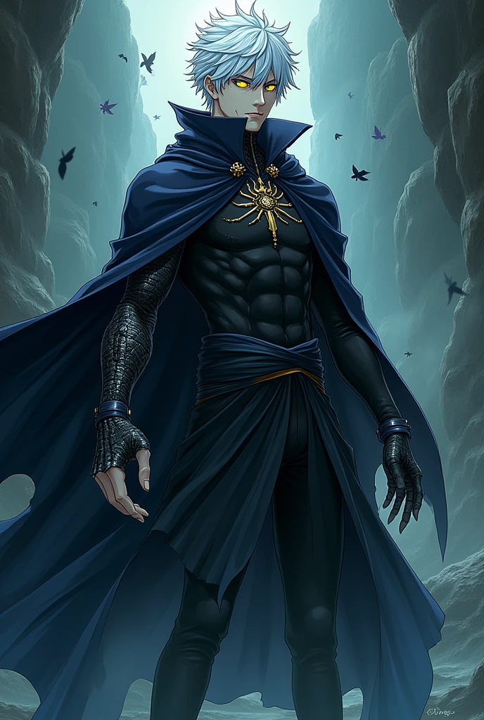 I want you to create a character that has gravity abilities and is a necromancer and has yellow eyes and white hair and a half draconic arm and has a spider cloak, the cloak is black, and I want you to make it a male anime version, now make this character using the 2 skills, he sadistic