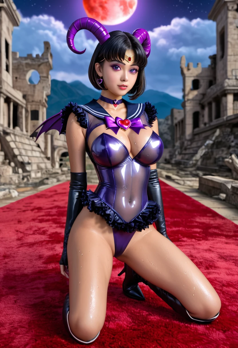 (High quality, masterpieces), One Japanese girl wearing sailor-moon like costume, kneeling down, Adhere her left hand onto her crotch, Insert her right thumb into her mouth, Big breast, Tanned skin, Drenched her full-body in sweat, Bob cut black hair, Beautiful face, Brown eyes, Dark blue wide sailor collar with shoulder embellishment, Dark blue ruffle mini skirt, Huge gorgeous ribbon made by black lace on her chest, Metallic silver sheer leotard adhered to her skin, A heart shape cutout around her navel, Bat wings on her back, black long leather fingerless gloves, Purple sharpened demonic claws, Black leather long boots with heels, black circlet with a purple jewel on her forehead, broad and deep black eyeshadow, Attach beige sheep's horn to temporal region, Ancient ruins on a mountaintop, Midnight with red Moon, Red carpet