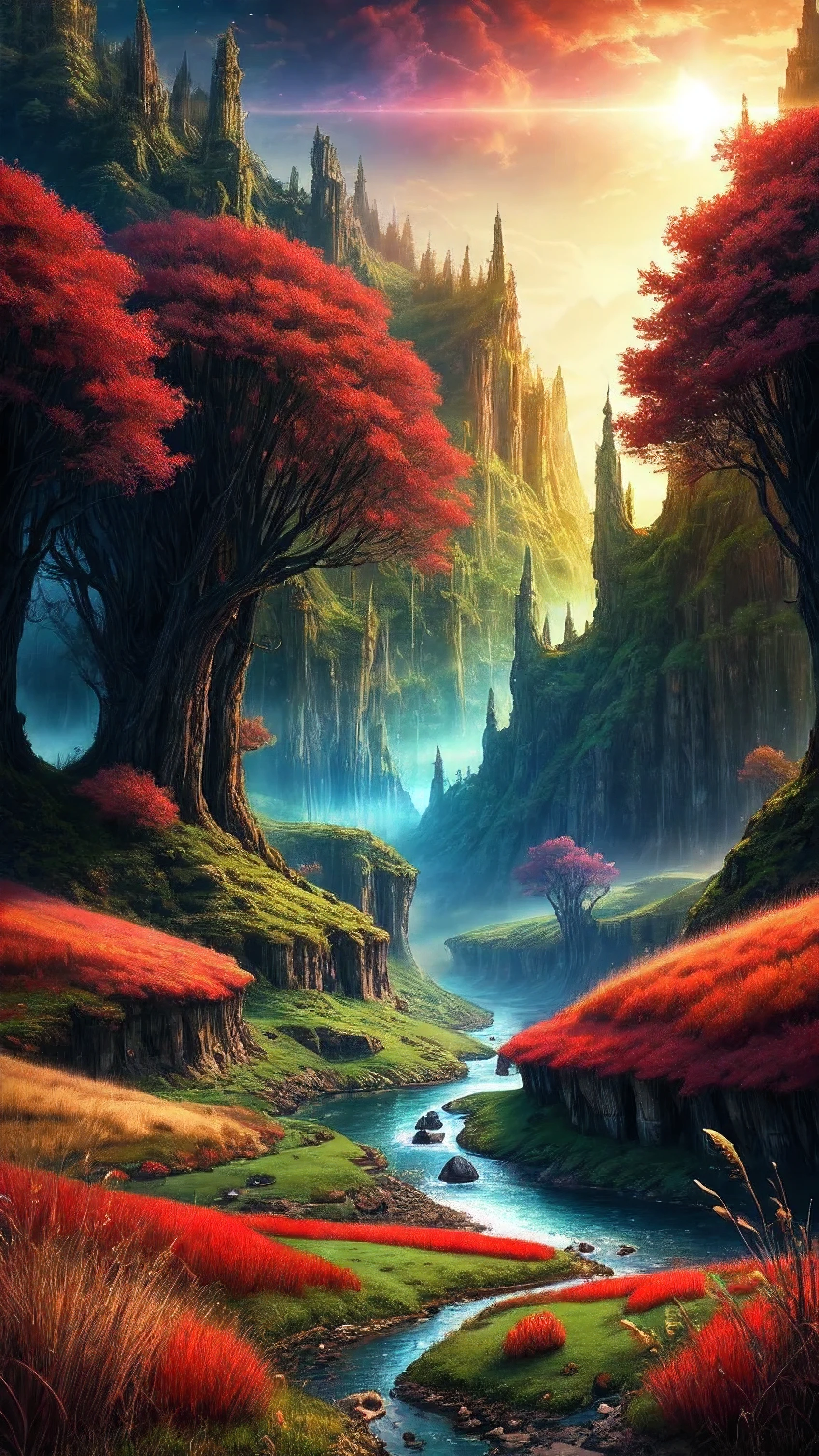 beautiful fantasy landscape, alien world, red grasses and green rivers