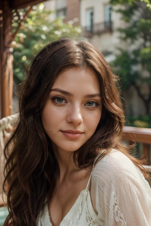 a 22-year-old woman, smiling, piercing green eyes, dark reddish-brown wavy hair, lying in a hammock on her apartment balcony, wearing a light outfit,(best quality,4k,8k,highres,masterpiece:1.2),ultra-detailed,(realistic,photorealistic,photo-realistic:1.37),intricate details,natural lighting,warm colors,balanced composition,serene atmosphere,thoughtful expression,long eyelashes,delicate facial features,graceful pose,cozy setting,soft fabric textures,nature elements,cityscape background,cinematic lighting,vibrant colors,portrait,digital art
