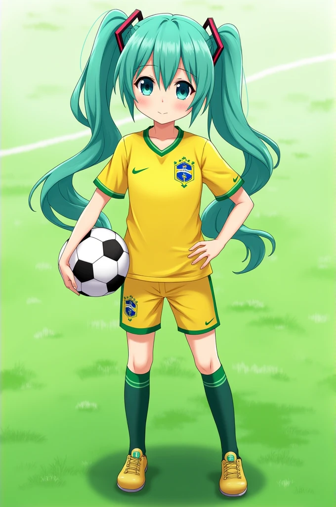 Hatsumi Miku dressed in the Brazilian national team outfit.
