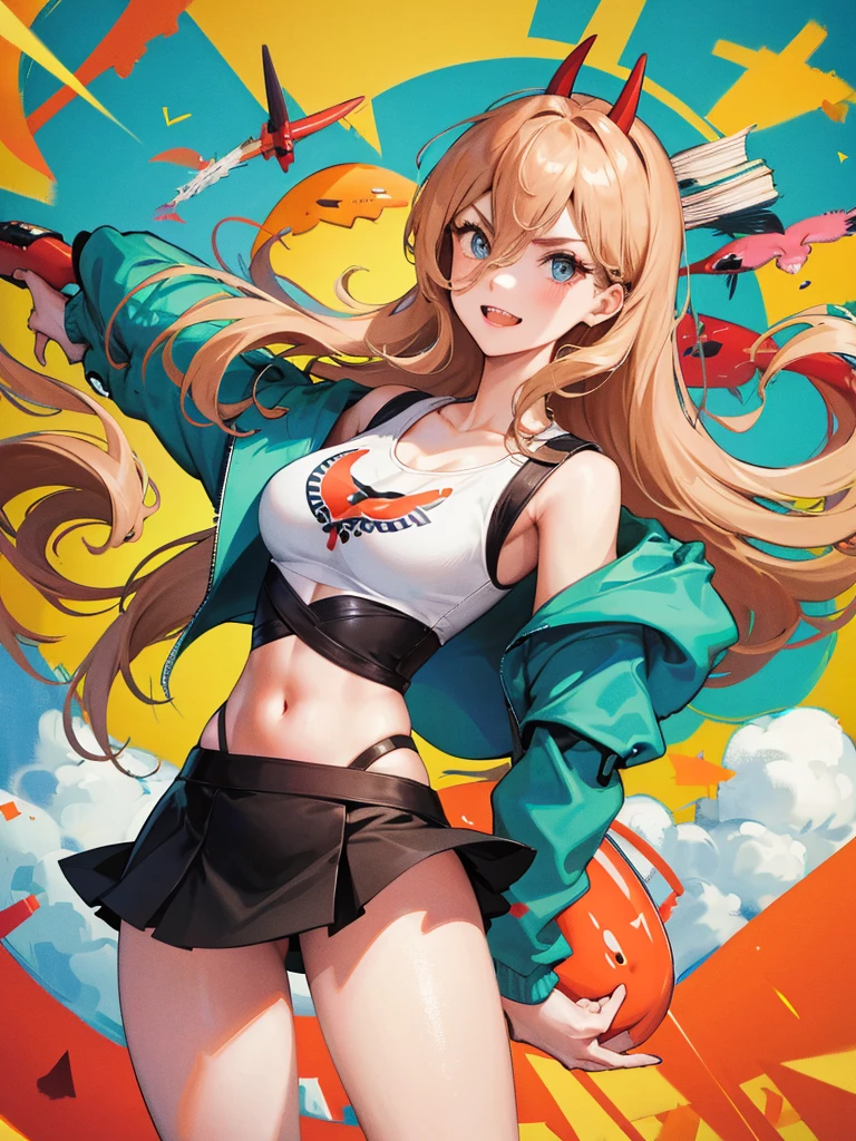 power,Promotional poster style,Superskirt,C cup,Fleshy thighs,Happy look