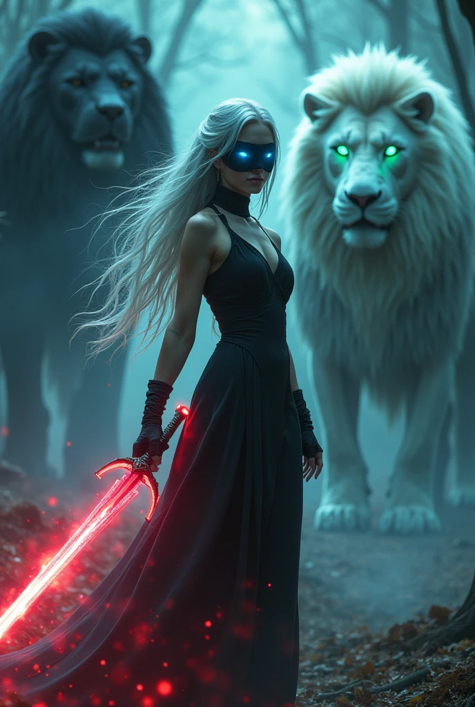 beautiful taller girl eye glowing blue aura cute face black mask take sword glowing red aura white hair black dress big white lion glowing green eyes horror background in forest big black lion
