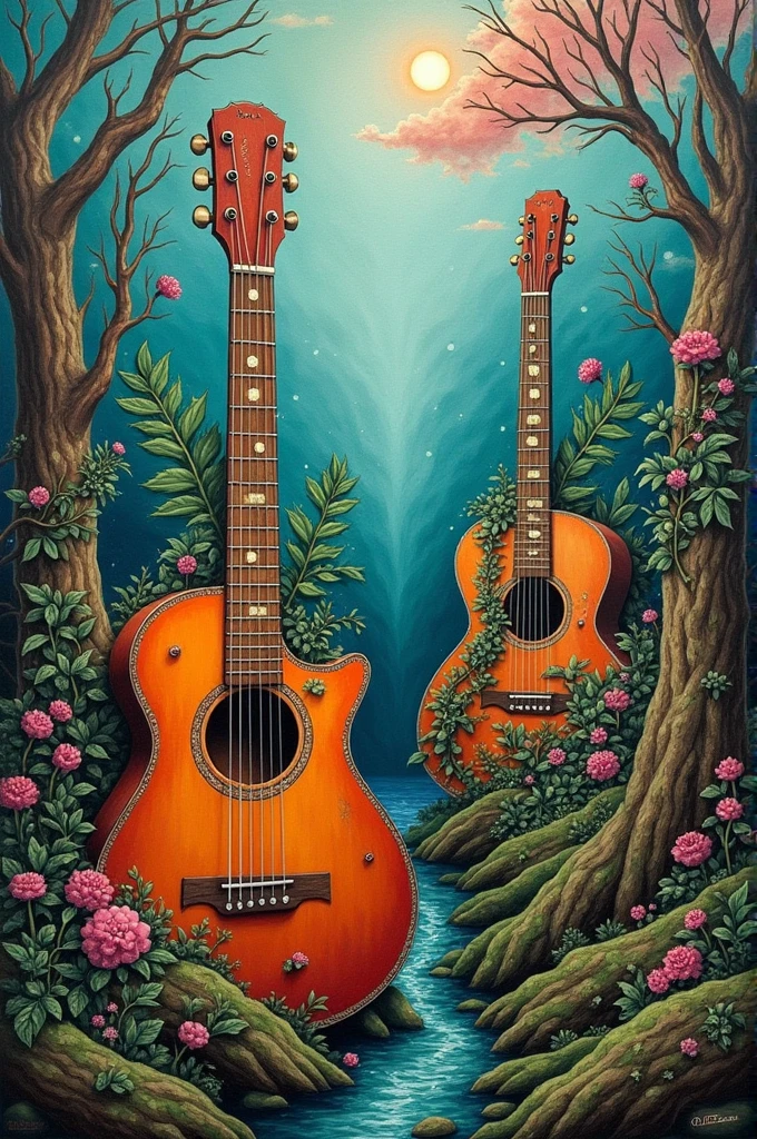 Surrealist painting of guitars and nature