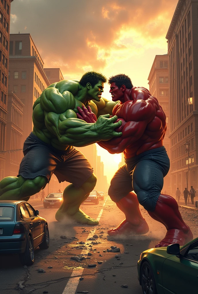 An explosive battle between the iconic green Hulk and the ferocious Red Hulk, taking place in the heart of a bustling city. The epicentrum of the chaos is a normally orderly street, now transformed into a makeshift arena with the Governor's office serving as the dramatic backdrop. The two behemoths are locked in an intense grapple, muscles bulging and veins popping as they each struggle for dominance. The green Hulk's eyes are narrowed with determination, while the Red Hulk's are ablaze with fury. Surrounding them, cars are flipped and smashed, streetlights bent, and concrete cracked, showcasing the sheer power they exude with every movement. Pedestrians and onlookers have scattered in panic, with some peeking out from the safety of shattered windows and overturned vehicles. The sky above is a tumultuous mix of dust and debris, with the setting sun casting an eerie, apocalyptic glow on the scene. The Governor's office looms in the background, its grandeur overshadowed by the towering figures of the Hulks. Inside, the silhouettes of government officials and staff can be seen watching the clash in horror and disbelief. The atmosphere is electric with tension and the anticipation of an imminent victory, as the city holds its breath, unsure of the outcome of this monstrous bout.