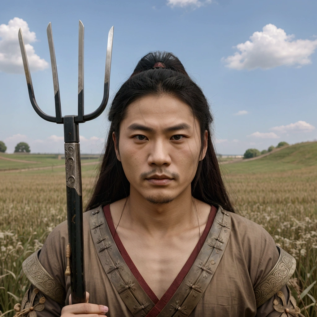 a close up of a person holding a pitchfork in a field, akira from chinese mythology, portrait of a male warrior, inspired by Fujishima Takeji, legendary god holding spear, inspired by Guan Daosheng, shikanosuke yagaki, inspired by Shen Quan, inspired by Dai Jin, inspired by Hu Zaobin, portrait of a warrior