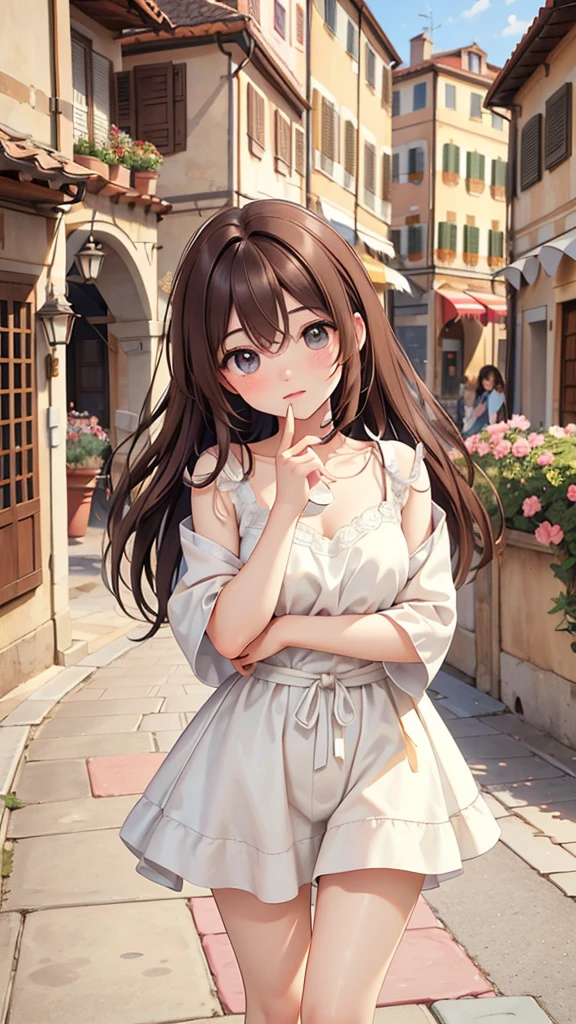 19 year old Italian female、olive-toned healthy skin。Smooth dark brown hair。Light-colored eyes。balanced figure。Italian chic summer fashion。The expression is bright and lively。The background is a typical Italian cityscape。Photorealism、Highest quality、High resolution。Enjoying an espresso in a historic square。Warm sunlight and soft light。
