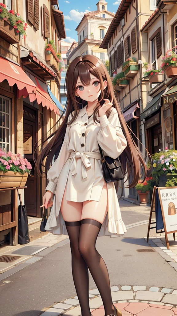 19 year old Italian female、olive-toned healthy skin。Smooth dark brown hair。Light-colored eyes。balanced figure。Italian chic summer fashion。The expression is bright and lively。The background is a typical Italian cityscape。Photorealism、Highest quality、High resolution。Enjoying an espresso in a historic square。Warm sunlight and soft light。