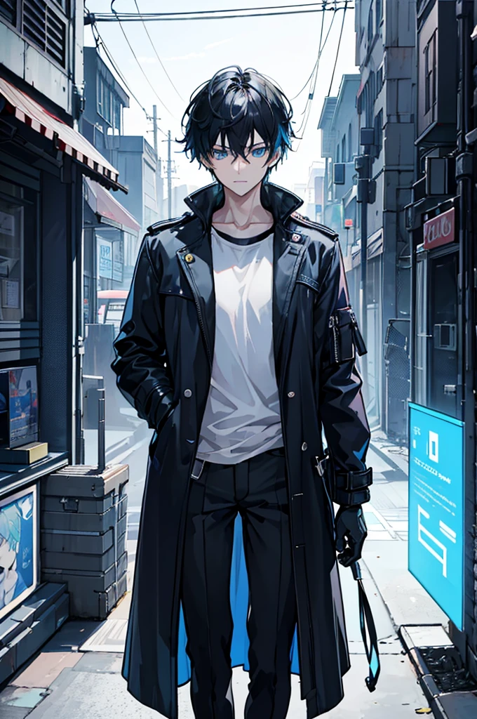 초상화, Face_through_torso, A well-designed male protagonist character with black hair, styled neatly to emphasize his handsome features. His eyes are a striking blue, and his expression carries a subtle, confident smile, just enough to show his charismatic nature. He is dressed in a black T-shirt underneath a white trench coat, which is inspired by a cyberpunk aesthetic. The trench coat features blue neon lines running along certain parts of the design, adding a futuristic touch. His left hand is casually placed in the trench coat pocket, while his right arm hangs naturally by his side, completing his poised and self-assured look.